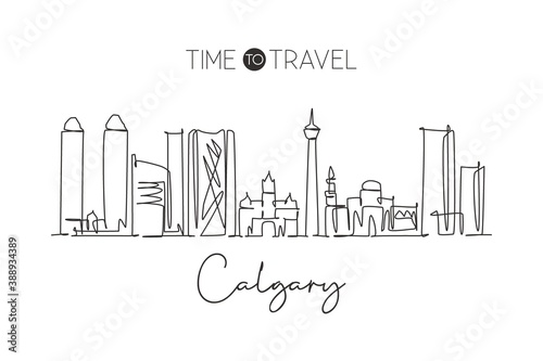 Single continuous line drawing of Calgary city skyline  Canada. Famous city scraper landscape home wall decor poster. World travel destination concept. Modern one line draw design vector illustration