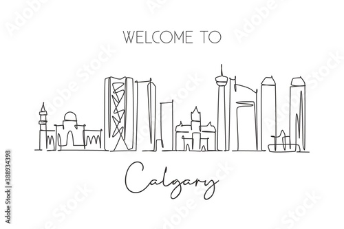 One single line drawing Calgary city skyline, Canada. World historical town landscape postcard. Best place holiday destination. Editable stroke trendy continuous line draw design vector illustration
