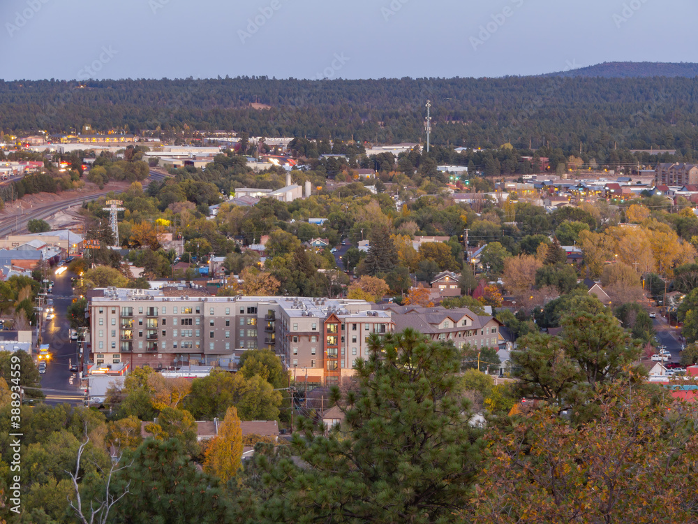 Evening high angle view of the Flagstaff cityscape