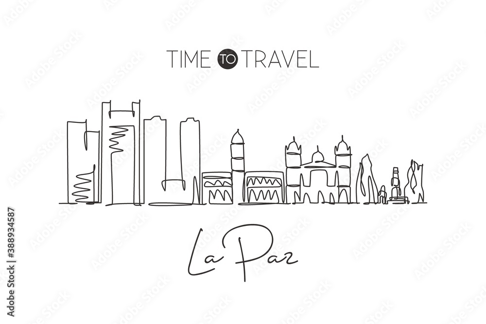 One continuous line drawing La Paz city skyline, Bolivia. Beautiful landmark. World landscape tourism and travel vacation postcard. Editable stylish stroke single line draw design vector illustration