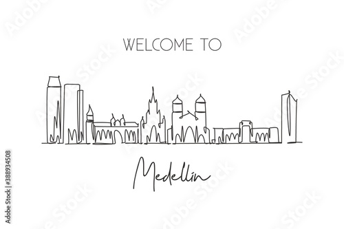 One single line drawing of Medellin city skyline  Colombia. World historical town landscape. Best holiday place destination. Editable stroke trendy continuous line draw design art vector illustration