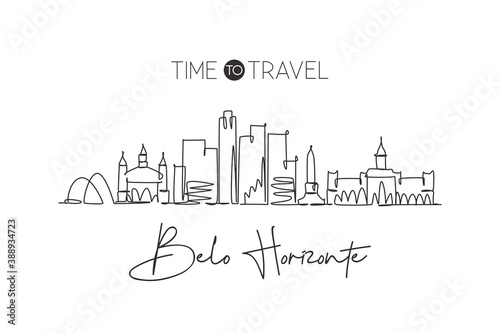 One single line drawing of Belo Horizonte city skyline, Brazil. World historical town landscape. Best holiday place destination. Editable stroke trendy continuous line draw design vector illustration