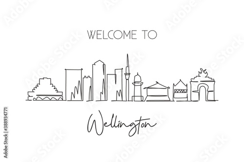 One continuous line drawing  Wellington city skyline New Zaeland. Beautiful landmark home wall decor poster print. World landscape tourism travel vacation. Single line draw design vector illustration