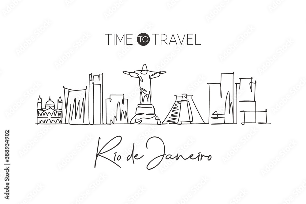 One single line drawing of Rio de Janeiro city skyline, Brazil. World historical town landscape. Best holiday destination home wall decor poster. Trendy continuous line draw design vector illustration One single line drawing of Rio de Janeiro city skyline, Brazil. World historical town landscape. Best holiday destination home wall decor poster. Trendy continuous line draw design vector illustration