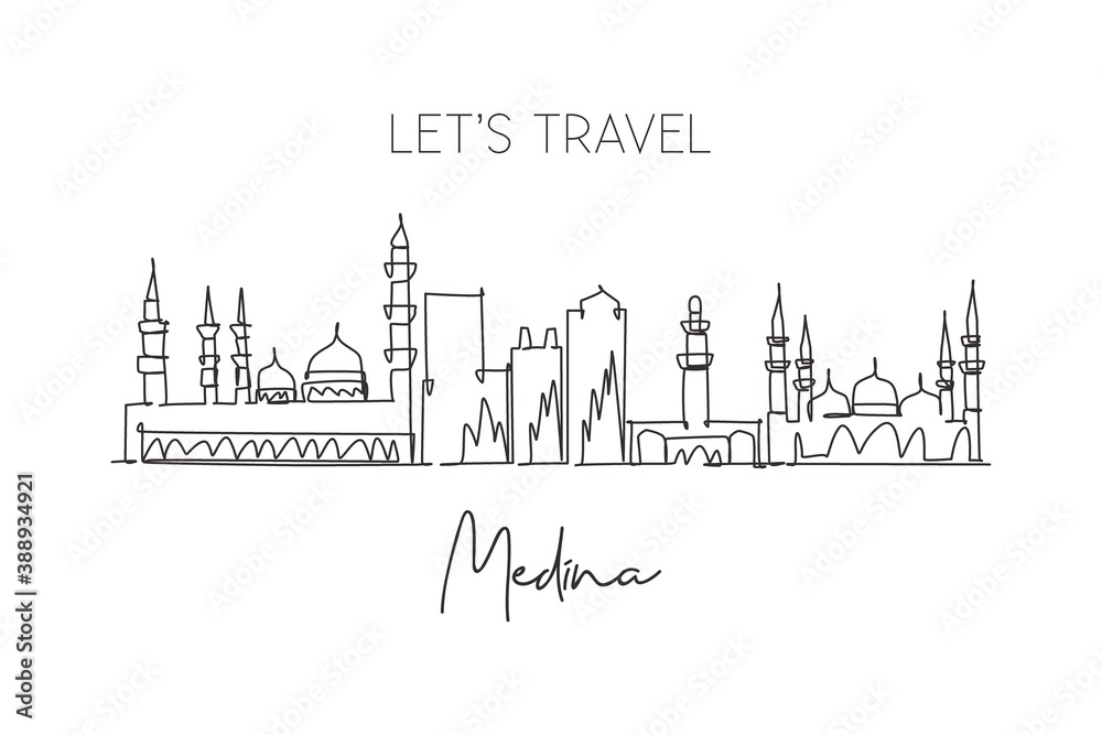 Single continuous line drawing Medina skyline Saudi Arabia. Famous city scraper landscape postcard print art. World travel destination concept. Modern one line draw design vector graphic illustration