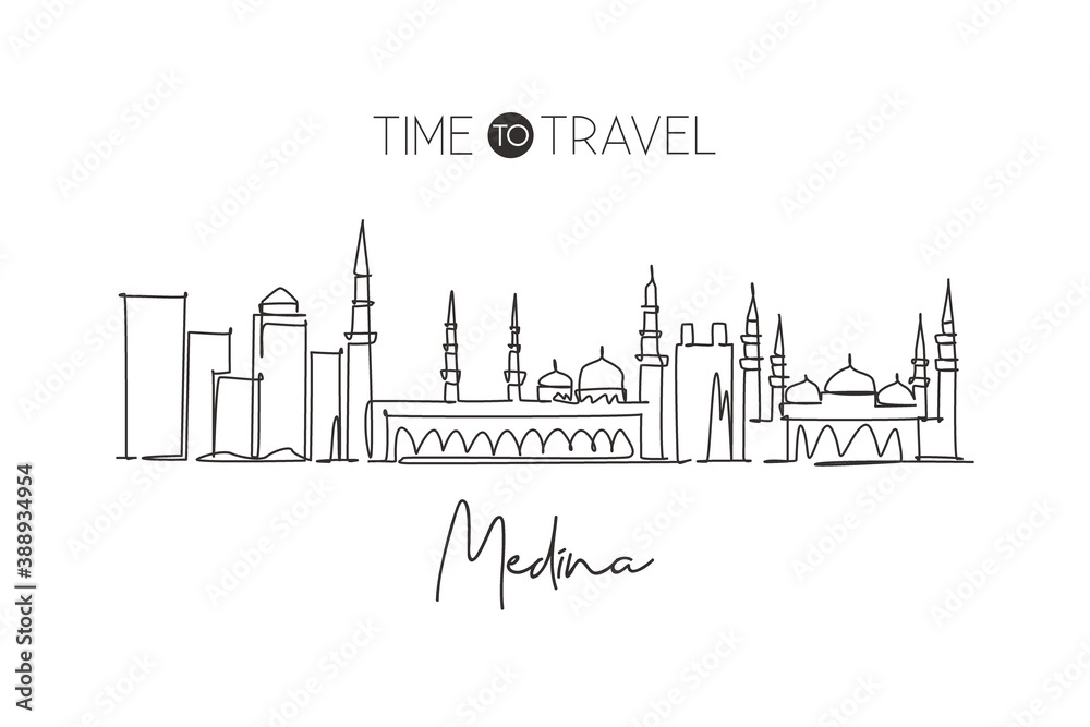 One continuous line drawing of Medina city skyline, Saudi Arabia. Beautiful landmark wall decor poster art. World landscape tourism travel vacation. Stylish single line draw design vector illustration