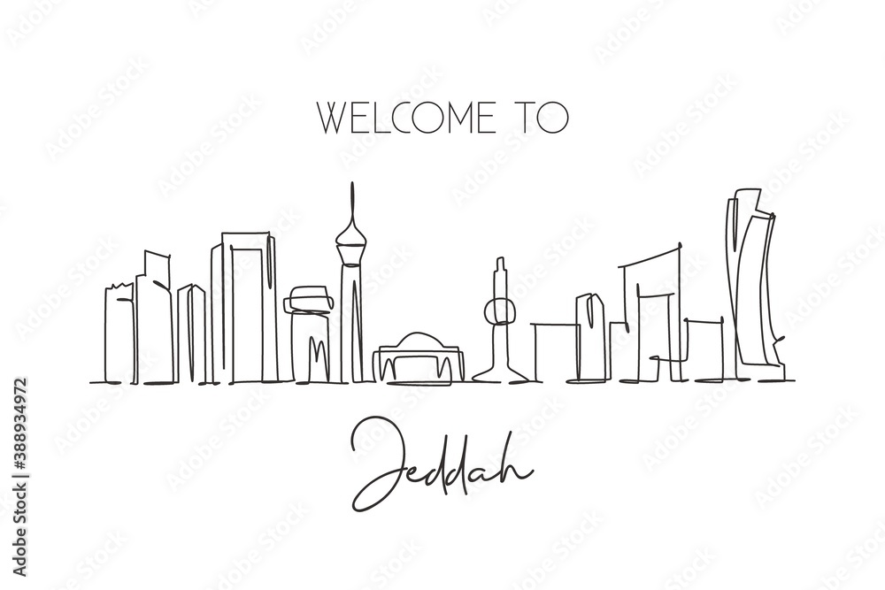 One continuous line drawing of Jeddah city skyline, Saudi Arabia. Beautiful landmark postcard print. World landscape tourism travel vacation. Stylish stroke single line draw design vector illustration