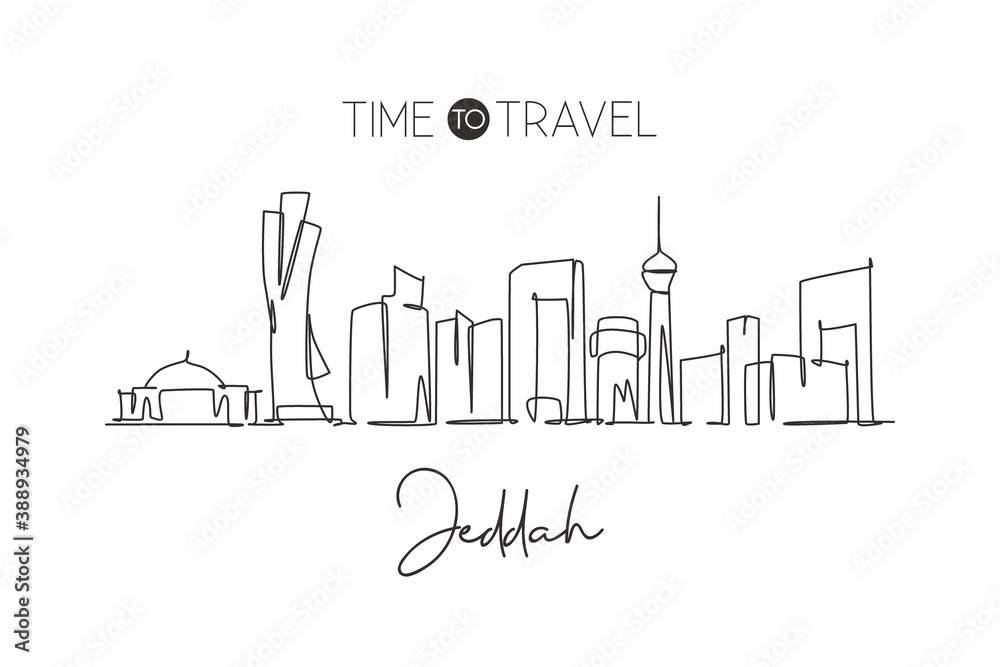 One single line drawing of Jeddah city skyline, Saudi Arabia. World historical town landscape. Best holiday destination wall decor poster print. Trendy continuous line draw design vector illustration