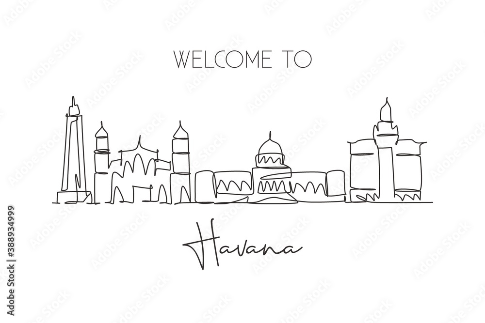 One continuous line drawing Havana city skyline, Cuba. Beautiful landmark postcard print. World landscape tourism travel vacation. Editable stylish stroke single line draw design vector illustration One continuous line drawing Havana city skyline, Cuba. Beautiful landmark postcard print. World landscape tourism travel vacation. Editable stylish stroke single line draw design vector illustration