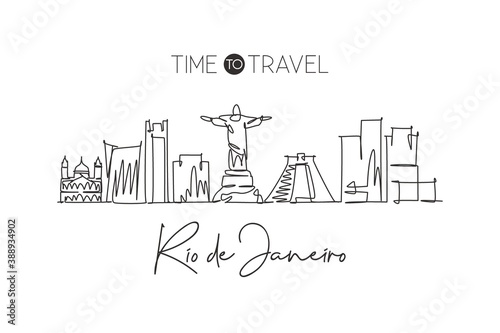 One single line drawing of Rio de Janeiro city skyline  Brazil. World historical town landscape. Best holiday destination home wall decor poster. Trendy continuous line draw design vector illustration