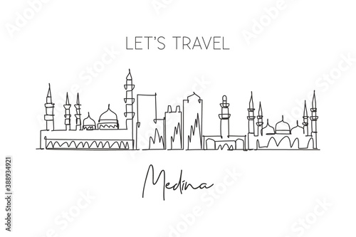 Single continuous line drawing Medina skyline Saudi Arabia. Famous city scraper landscape postcard print art. World travel destination concept. Modern one line draw design vector graphic illustration