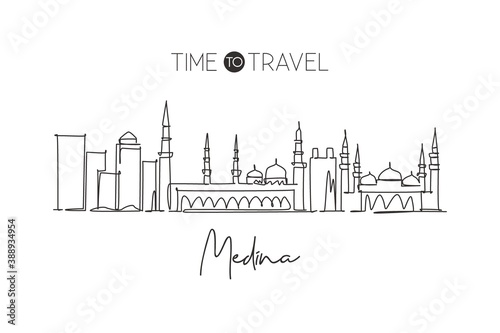 One continuous line drawing of Medina city skyline  Saudi Arabia. Beautiful landmark wall decor poster art. World landscape tourism travel vacation. Stylish single line draw design vector illustration