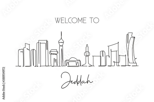 One continuous line drawing of Jeddah city skyline  Saudi Arabia. Beautiful landmark postcard print. World landscape tourism travel vacation. Stylish stroke single line draw design vector illustration