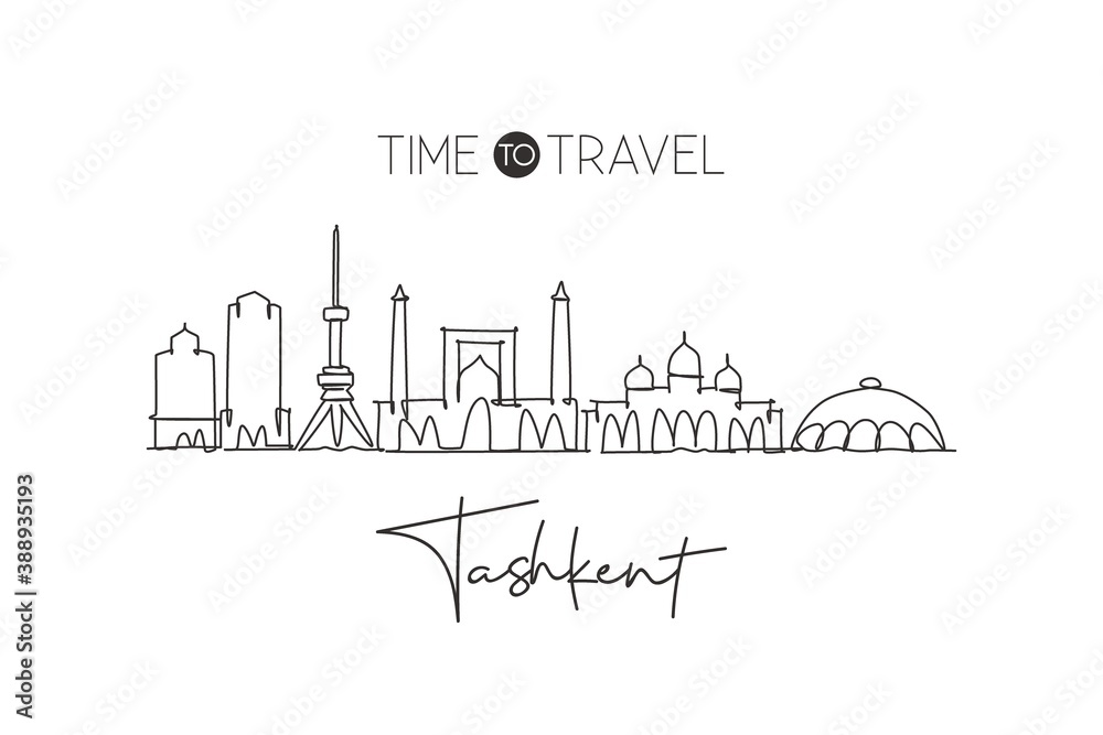 One single line drawing of Tashkent city skyline, Uzbekistan. World historical town landscape. Best holiday destination postcard. Editable stroke trendy continuous line draw design vector illustration