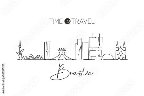 Single continuous line drawing of Brasilia skyline, Brazil. Famous city scraper landscape. World travel destination wall decor poster print art concept. Modern one line draw design vector illustration photo