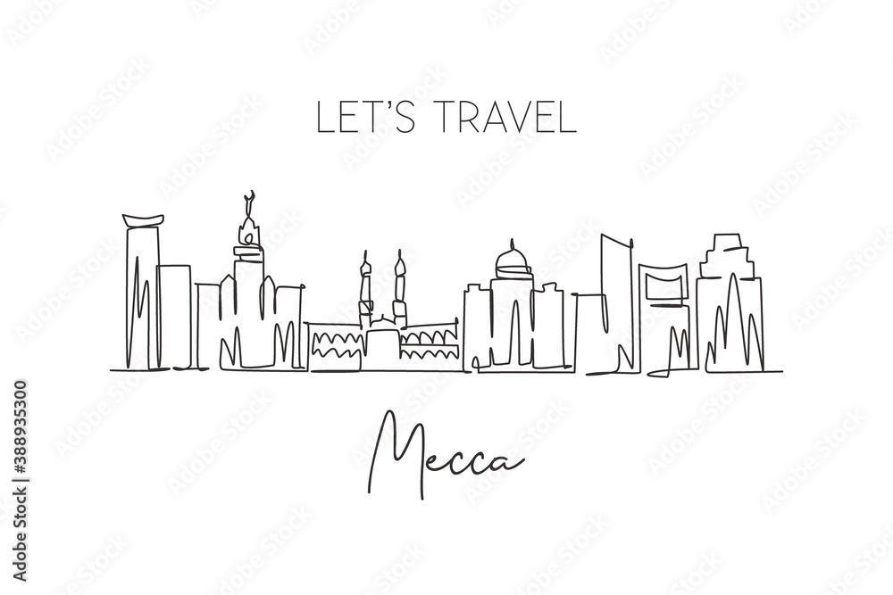 One single line drawing of Mecca city skyline, Saudi Arabia. World historical town landscape. Best holiday destination. Editable stroke trendy continuous line draw design vector graphic illustration