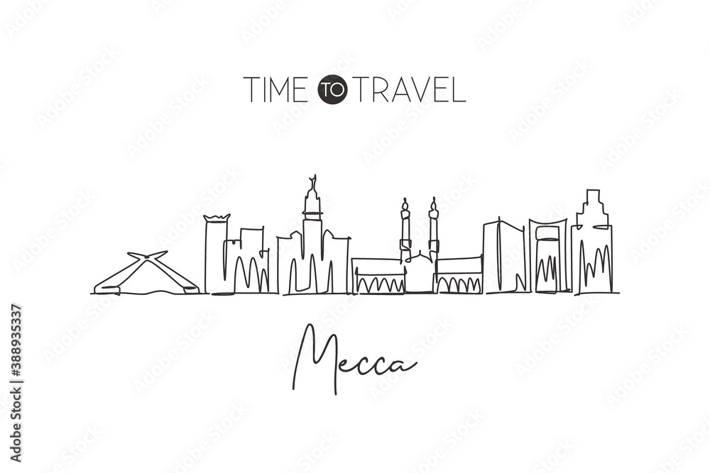 Single continuous line drawing of Mecca holy city skyline, Saudi Arabia. Famous city scraper landscape. World travel home decor wall art poster print. Modern one line draw design vector illustration