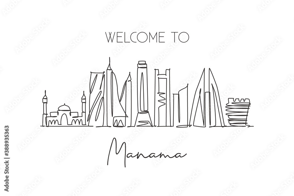 One continuous line drawing Manama city skyline Bahrain. Beautiful landmark postcard print. World landscape tourism travel vacation. Editable stylish stroke single line draw design vector illustration