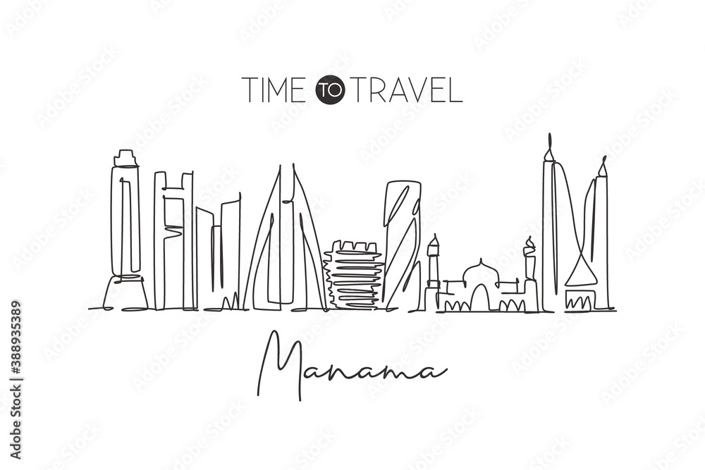 Single continuous line drawing Manama city skyline, Bahrain. Famous city scraper and landscape home wall decor poster print art. World travel concept. Modern one line draw design vector illustration