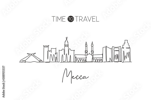 Single continuous line drawing of Mecca holy city skyline  Saudi Arabia. Famous city scraper landscape. World travel home decor wall art poster print. Modern one line draw design vector illustration