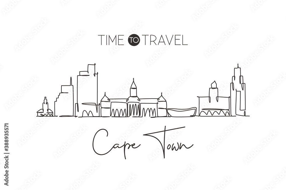 Fototapeta premium One single line drawing of Cape Town city skyline, South Africa. World historical town landscape. Best holiday destination postcard print art. Trendy continuous line draw design vector illustration