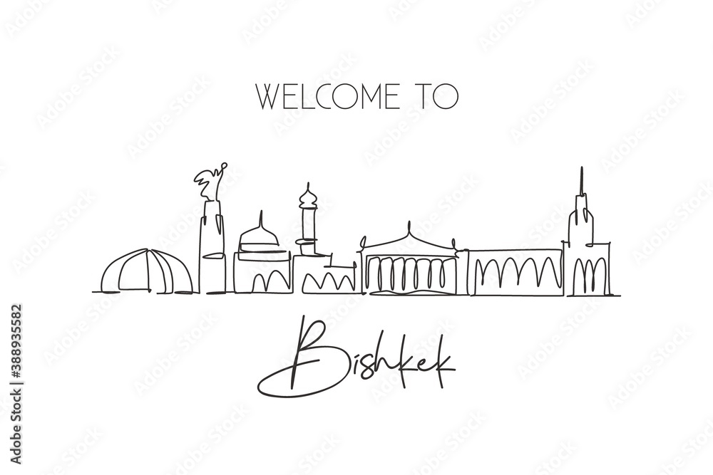 One continuous line drawing of Bishkek city skyline, Kyrgyzstan. Beautiful landmark. World landscape tourism and travel vacation. Editable stylish stroke single line draw design vector illustration