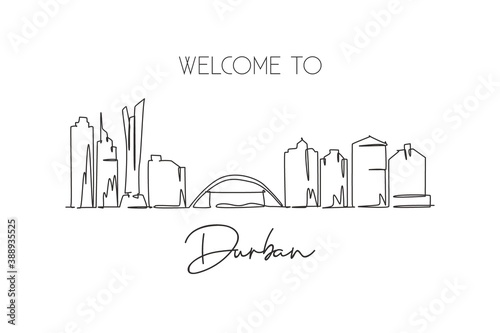 One single line drawing of Durban city skyline  South Africa. World historical town landscape wall decor poster print. Best holiday destination. Trendy continuous line draw design vector illustration