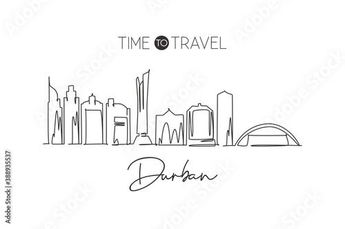 One continuous line drawing of Durban city skyline, South Africa. Beautiful landmark postcard print. World landscape tourism travel vacation. Stylish stroke single line draw design vector illustration
