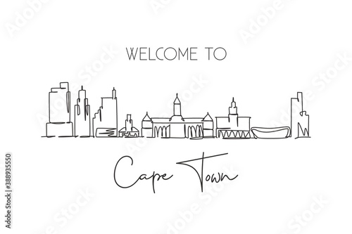 Single continuous line drawing of Cape Town skyline, South Africa. Famous city scraper landscape. World travel concept home wall decor poster print art. Modern one line draw design vector illustration