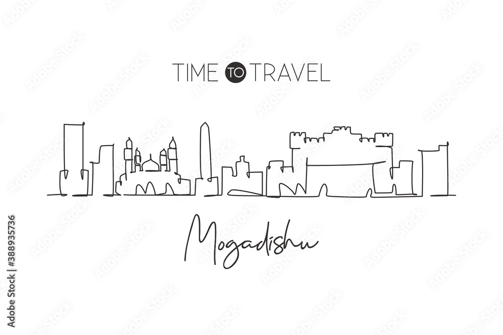 Single continuous line drawing of Mogadishu city skyline, Somalia. Famous city scraper and landscape wall decor poster print art. World travel concept. Modern one line draw design vector illustration