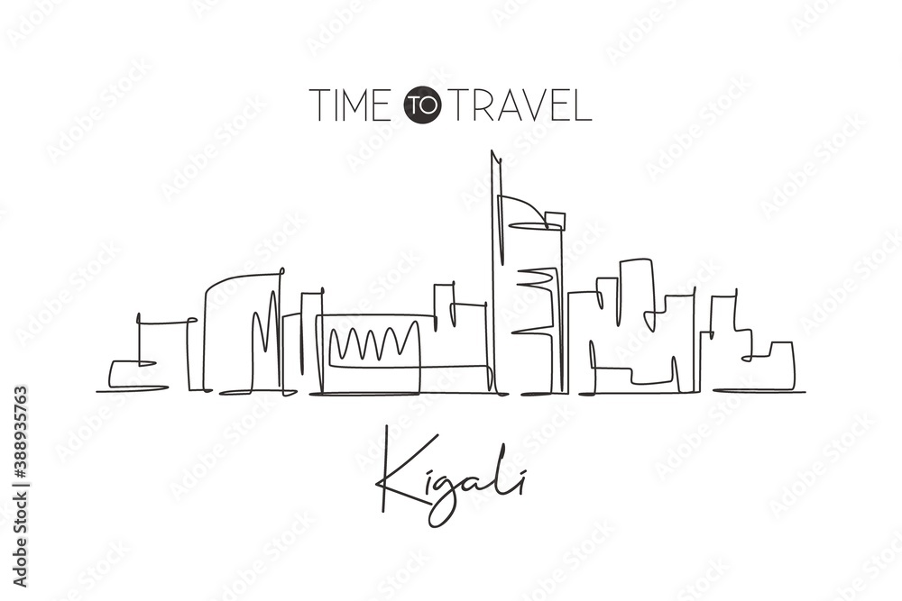 Single continuous line drawing of Kigali city skyline, Rwanda. Famous city scraper and landscape home wall decor poster print art. World travel concept. Modern one line draw design vector illustration