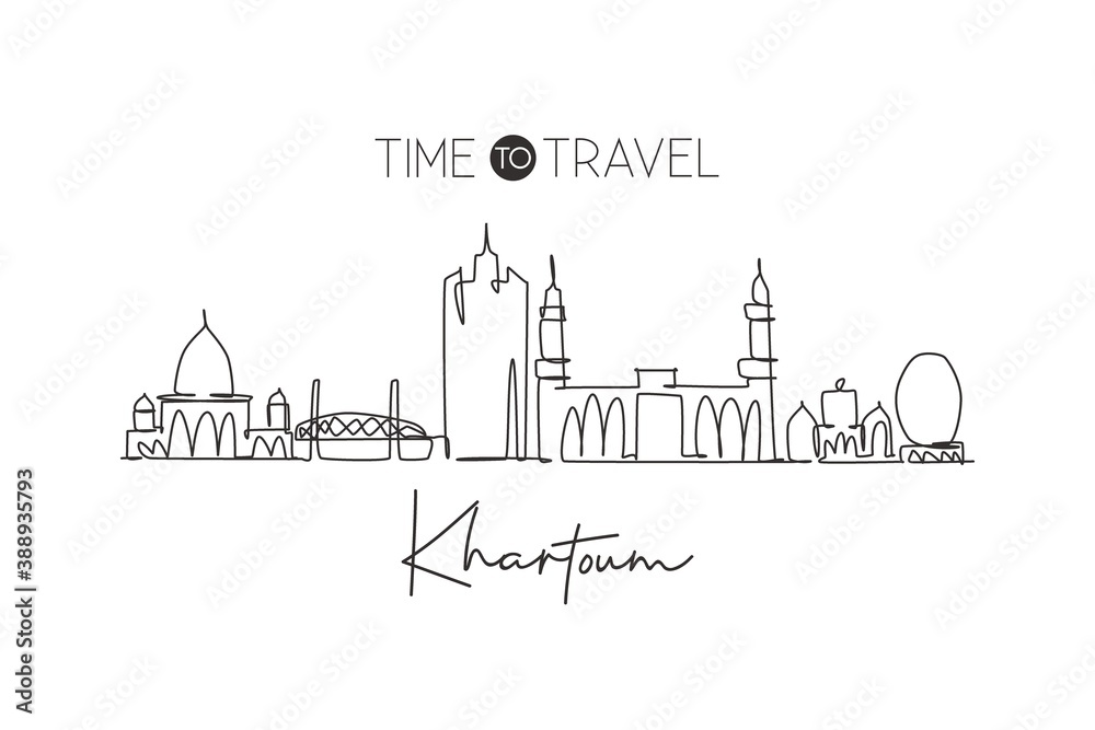 One single line drawing of Khartoum city skyline, Sudan. Historical place landscape in world postcard. Best holiday destination. Editable stroke trendy continuous line draw design vector illustration