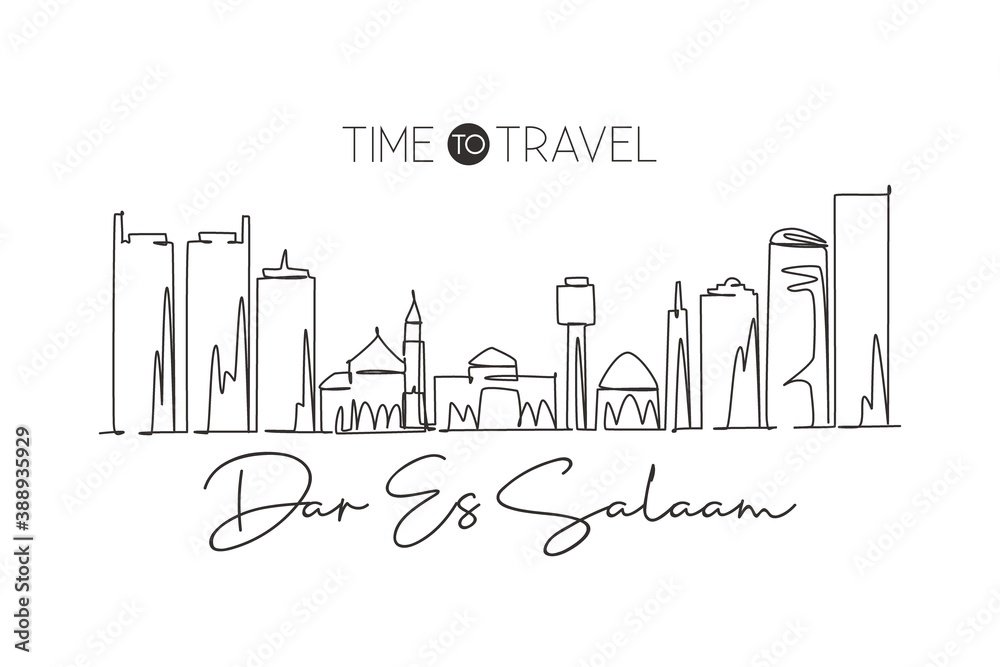 One single line drawing of Dar Es Salaam city skyline, Tanzania. Historical place landscape postcard print. Best holiday destination. Editable stroke Continuous line draw design vector illustration