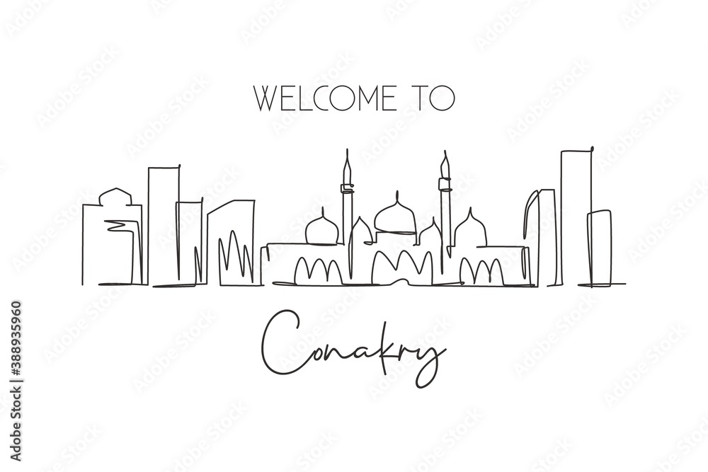 One single line drawing of Conakry city skyline, Guinea. Historical place landscape in world postcard print. Best holiday destination. Trendy continuous line draw design vector graphic illustration