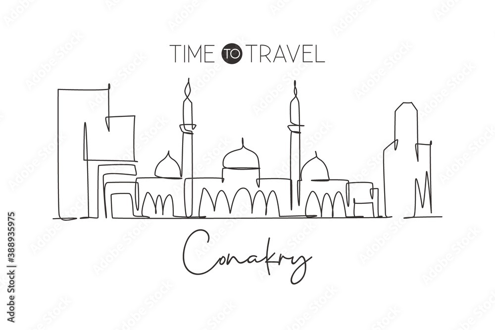 Single continuous line drawing of Conakry city skyline, Guinea. Famous city scraper and landscape wall decor home ar poster print. World travel concept. Modern one line draw design vector illustration