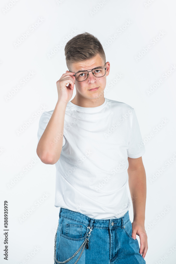 look at that. urban style. fashion model teen. teen boy wear glasses. young boy in casual style. handsome teen male isolated on white. male barbershop and hairdresser. mens beauty standards look at that. urban style. fashion model teen. teen boy wear glasses. young boy in casual style. handsome teen male isolated on white. male barbershop and hairdresser. mens beauty standards