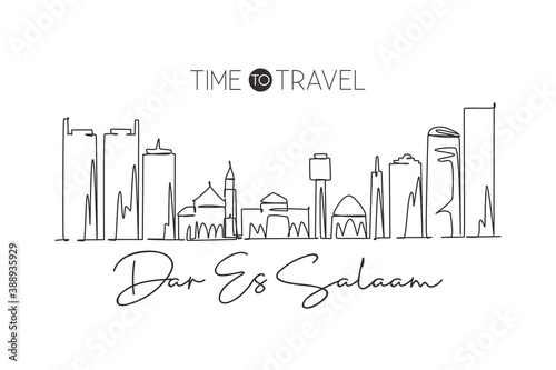 One single line drawing of Dar Es Salaam city skyline, Tanzania. Historical place landscape postcard print. Best holiday destination. Editable stroke Continuous line draw design vector illustration