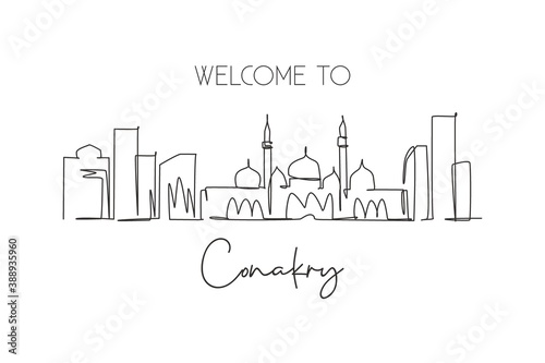One single line drawing of Conakry city skyline  Guinea. Historical place landscape in world postcard print. Best holiday destination. Trendy continuous line draw design vector graphic illustration