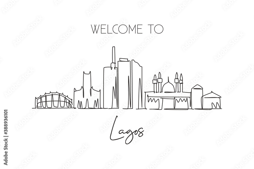 One single line drawing of Lagos city skyline, Nigeria. Historical town landscape home wall decor poster print art. Best holiday destination. Trendy continuous line draw design vector illustration