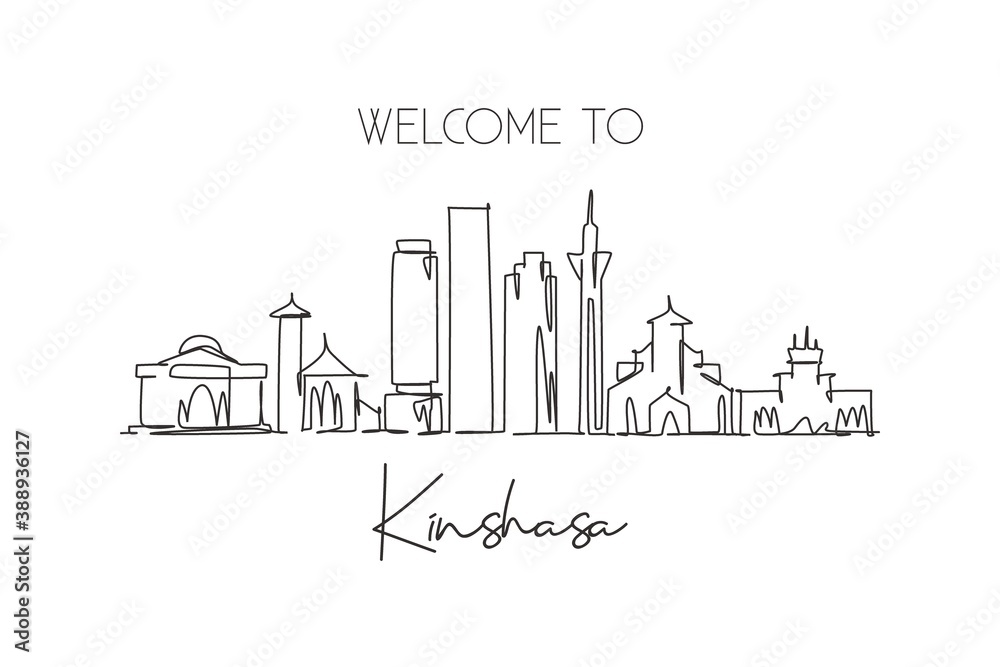 Single continuous line drawing Kinshasa city skyline, Congo. Famous city scraper and landscape home wall decor poster print art. World travel concept. Modern one line draw design vector illustration