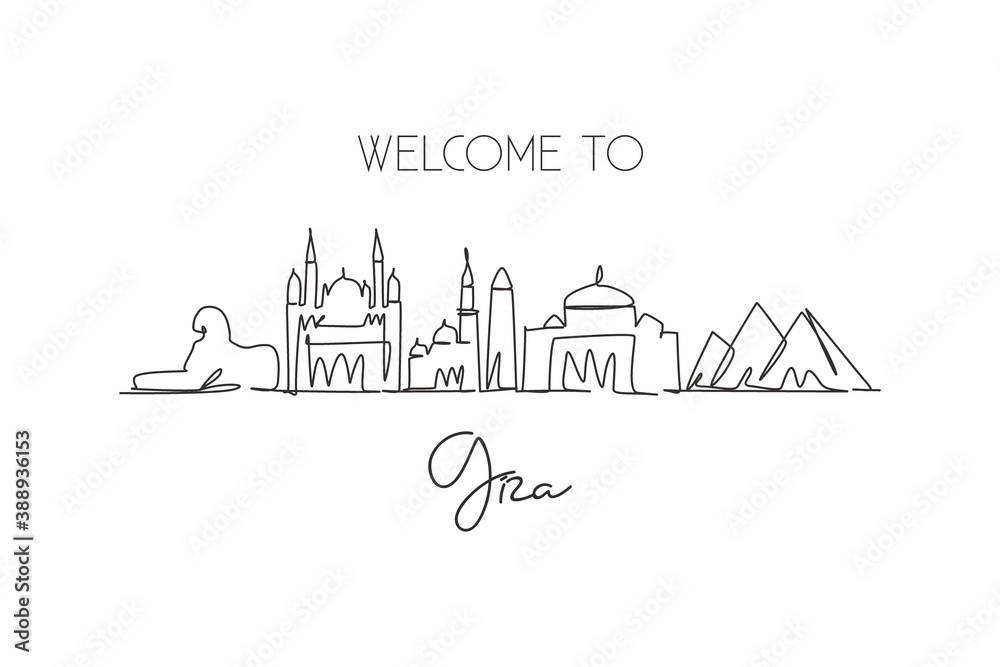One single line drawing Giza city skyline, Egypt. Historical town landscape home wall decor poster print art. Best holiday destination. Trendy continuous line draw design vector graphic illustration