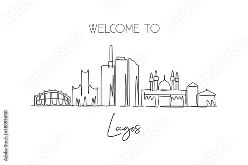 One single line drawing of Lagos city skyline  Nigeria. Historical town landscape home wall decor poster print art. Best holiday destination. Trendy continuous line draw design vector illustration