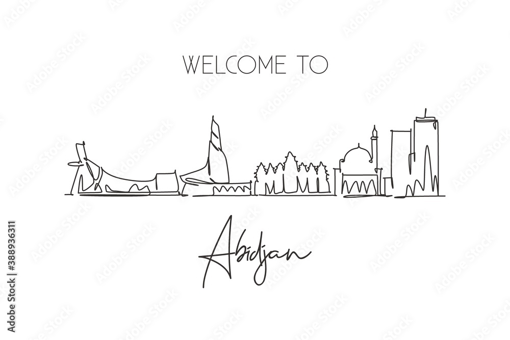 Single continuous line drawing of Abidjan city skyline, Ivory Coast. Famous city scraper landscape home wall decor poster print. World travel concept. Modern one line draw design vector illustration