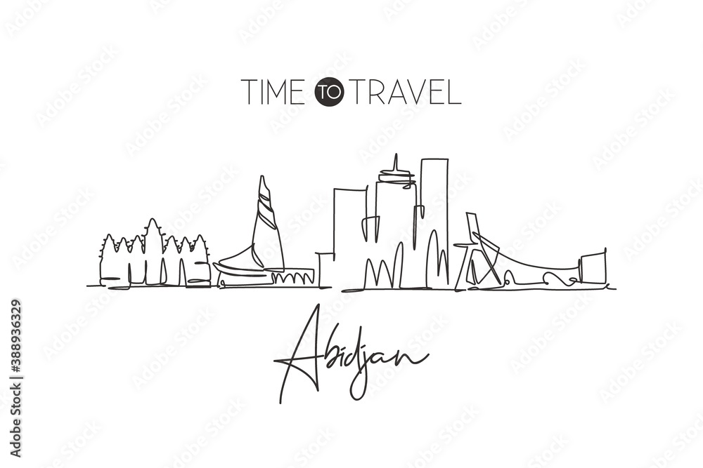 One single line drawing Abidjan city skyline, Ivory Coast. Historical town landscape in world postcard. Best holiday destination. Editable stroke trendy continuous line draw design vector illustration
