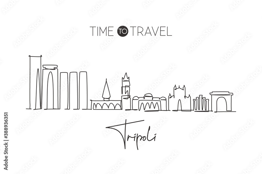Single continuous line drawing of Tripoli city skyline, Libya. Famous city scraper and landscape home wall decor art poster print. World travel concept. Modern one line draw design vector illustration