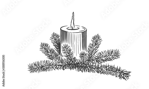 Sketch Christmas vector illustration with candle and fir branches
