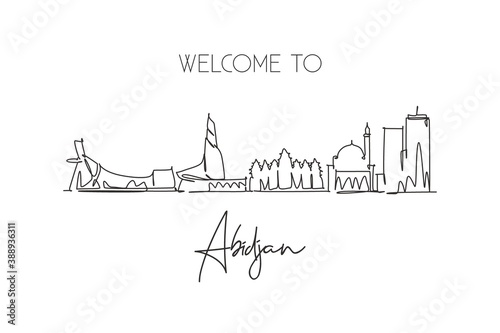 Single continuous line drawing of Abidjan city skyline  Ivory Coast. Famous city scraper landscape home wall decor poster print. World travel concept. Modern one line draw design vector illustration