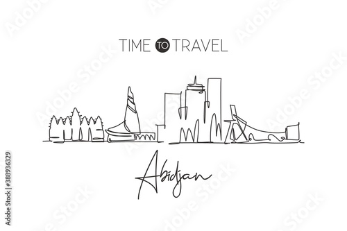 One single line drawing Abidjan city skyline, Ivory Coast. Historical town landscape in world postcard. Best holiday destination. Editable stroke trendy continuous line draw design vector illustration photo