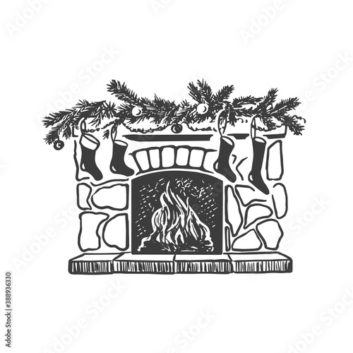 Sketch vector illustration of  Christmas fireplace with socks