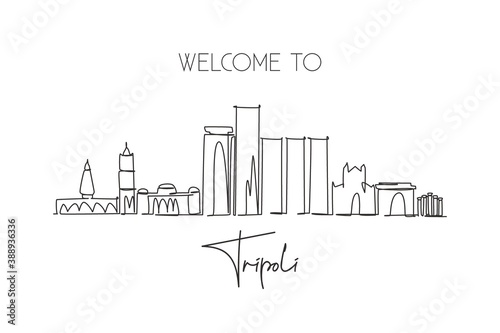 One continuous line drawing of Tripoli city skyline  Libya. Beautiful city landmark. World landscape tourism and travel vacation. Editable stylish stroke single line draw design vector illustration